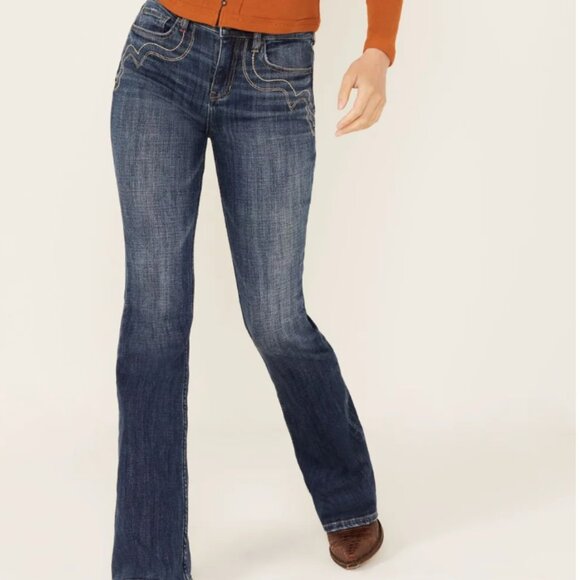 Idyllwind - Blue Vistaview Medium Wash Embroidered Flare Stretch Denim Jeans - Picture 1 of 5
